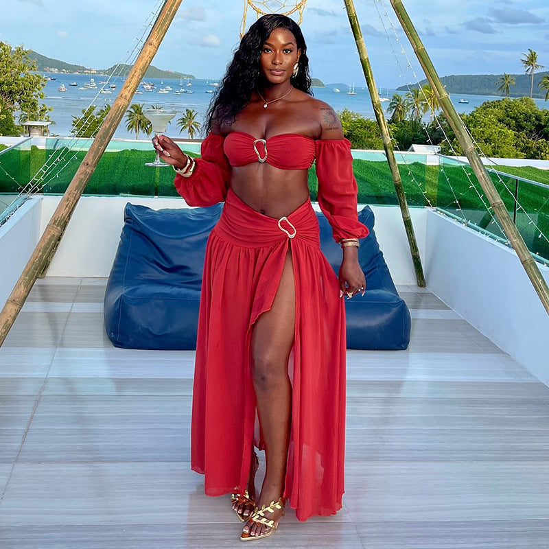 European and american women's clothing  autumn new sweet and fresh hollow-out bandeau lantern sleeve high-waisted slit maxi dress