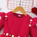 Girls' ribbed knit dress with mesh floral appliqué