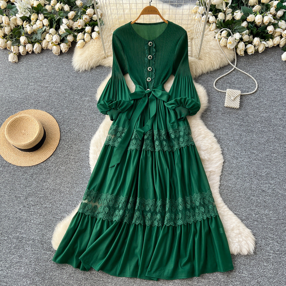 Exportlacepatchworkcut out pleated dress women's long sleeveshigh waista-line skirt large swing high elasticity long skirt