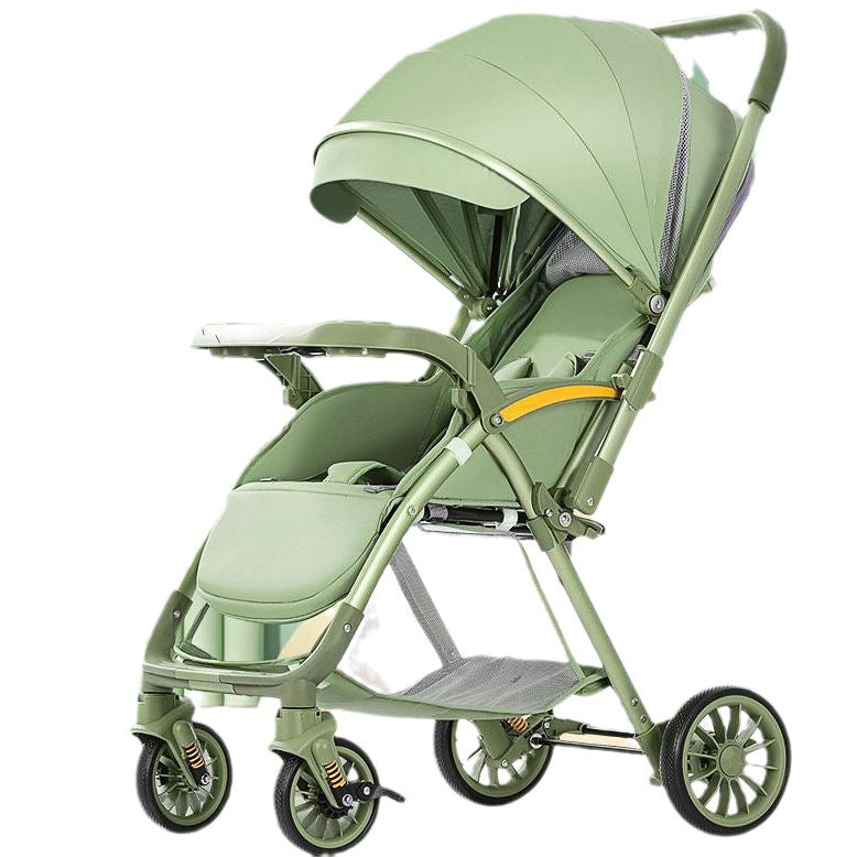 Lightweight, large-wheeled, foldable baby stroller. convertible from upright to reclined position. portable, high-view, four-wheel suspension stroller for ages 0-3 years