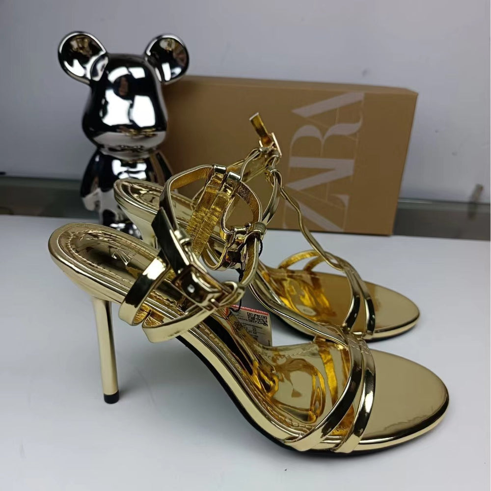 Za2024summer new elegant gold fashion women's high heels women's stiletto open toe casual sandals women