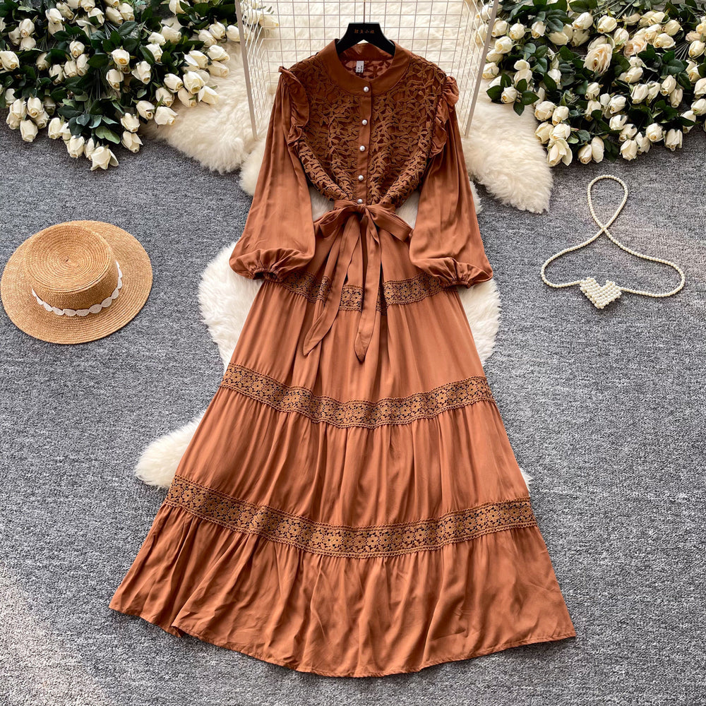 French retro court style lace hollow-out maxi dress - stand collar, summer korean style, long sleeve, cinched waist a-line dress for women
