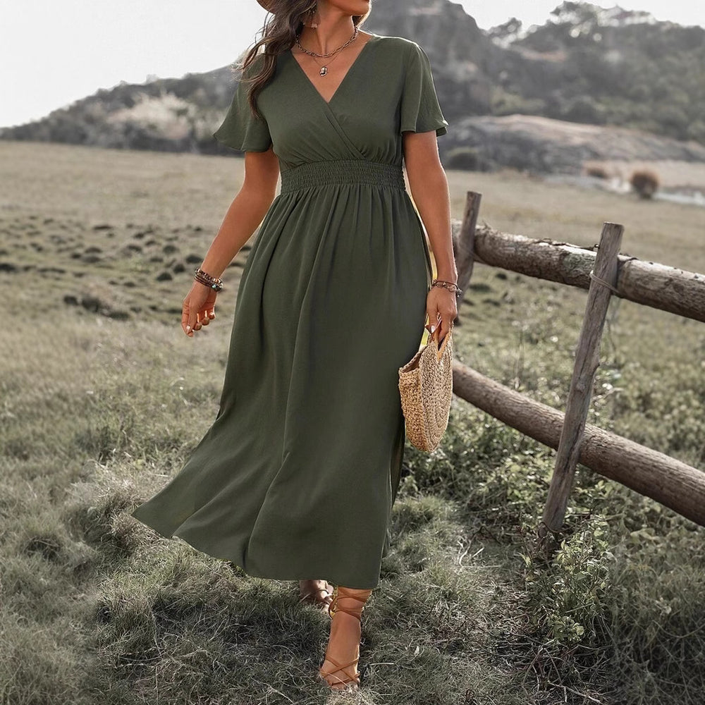 2024 european and american cross-border amazon summer new arrival: solid color v-neck flared sleeve elastic waist slimming slit maxi dress
