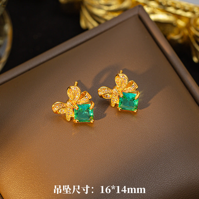 European and american full diamond bow necklace women's light luxury minimalist three-piece set new high-end pendant earrings ring jewelry