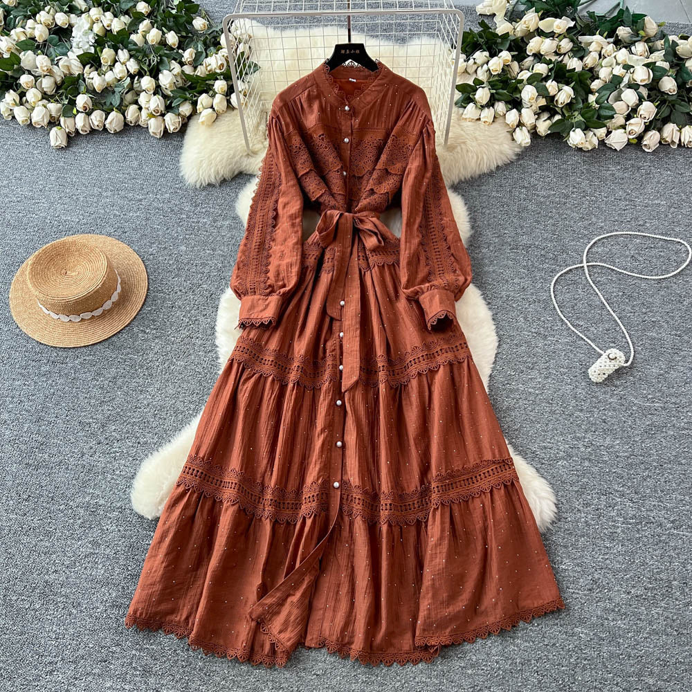 French retro court lace patchwork tie-waist lantern sleeve rhinestone embellished dress - slimming, elegant, and chic maxi dress