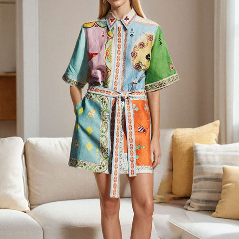 cross-border e-commerce european and american women's clothing: new summer collection - fashionable plant print, collared, tie-waist mini dress