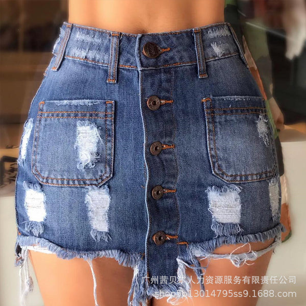 ODF3406 European and American women's clothing new single-breasted pocket splicing hole tight denim skirt