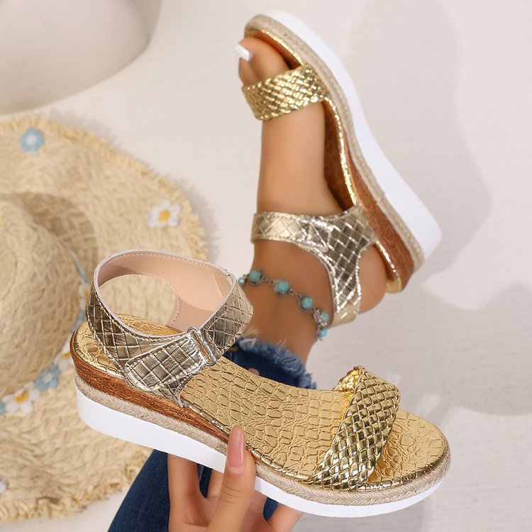 Fashionexportplus size one-piece wedge sandals for women cross-border buckle thick sole woven lightweight beach sandals