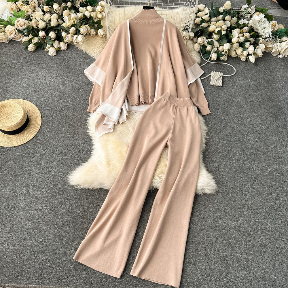 Fall and winterloose lazy style shawl cloak outwear high collar pullover knitting shirt sweatercasualloose pants three-piece set
