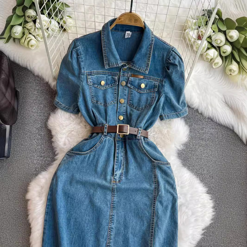 Casual denim dress women's summer  new style hong kong style elegant waist slimming look medium long slit skirt