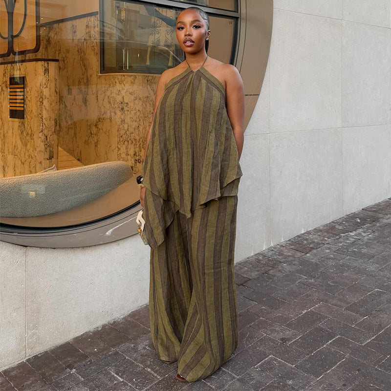 European and american cross-border women's fashion  summer new style chic halter neck sleeveless asymmetrical top wide leg pants set