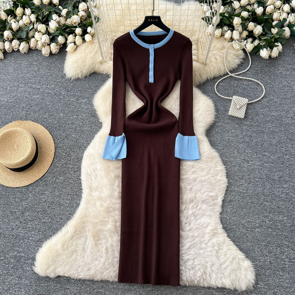 Frenchretrofashionablecontrast color round neck slit long sleevesknittingdress women's autum waist slimming look bottom long skirt