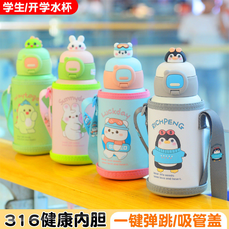 Cartoon 316 stainless steel insulated tumbler with straw, cup sleeve, portable single cup, double lid water bottle - wholesale gift option