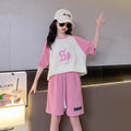 Girls' summer shorts set -  new style kids' short-sleeve fashionable two-piece summer outfit for mid-to-large children, perfect for sports