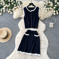 French chic lace trim sleeveless tank top & high-waisted midi skirt set -  summer collection - elegant knit two-piece