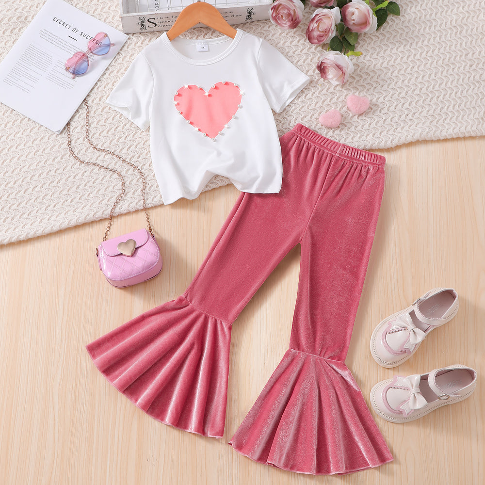 Girls' outfit set: pearl heart short-sleeve top + flare pants set