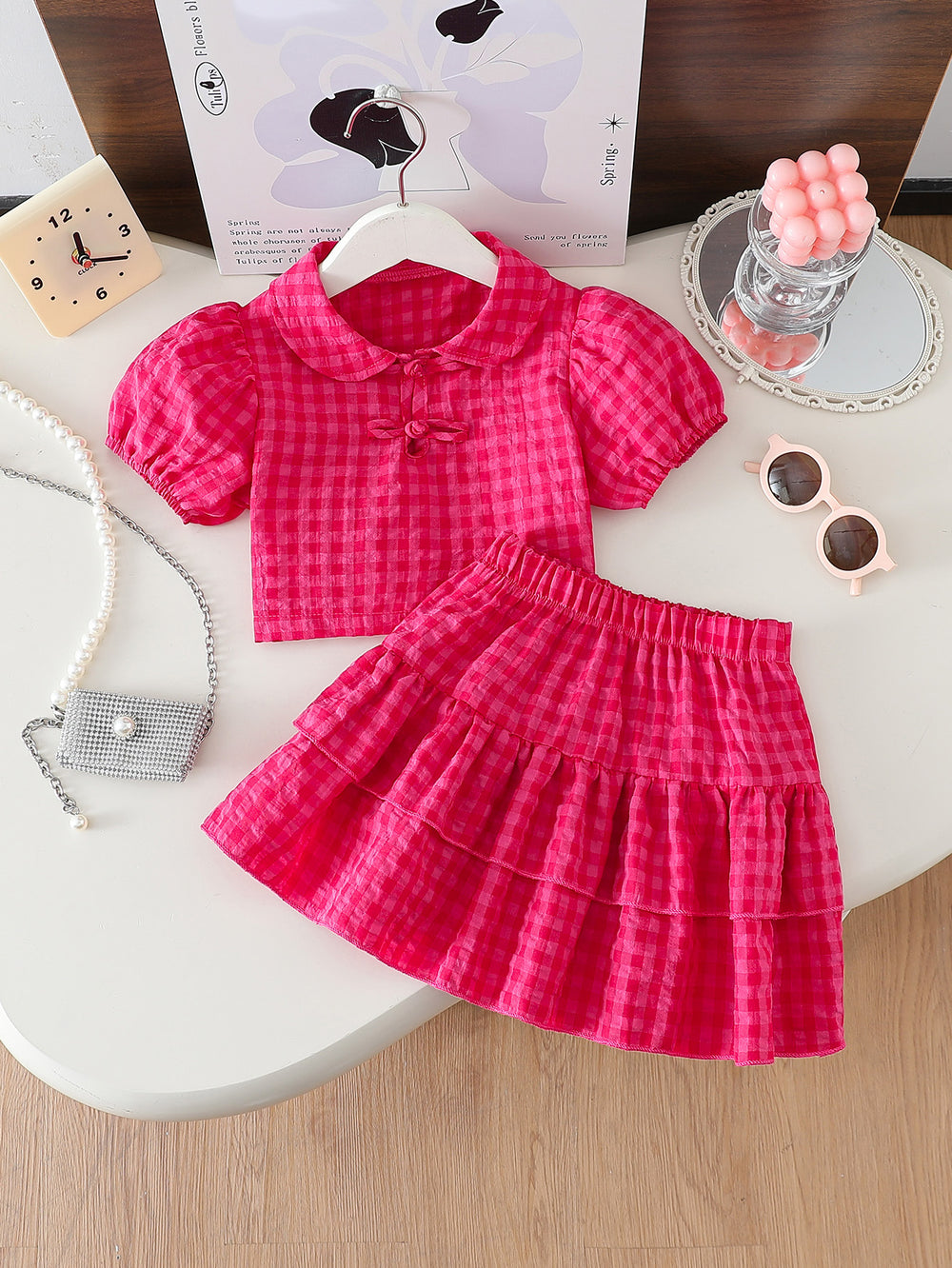Summer girls' short skirt set - peach pink plaid, peter pan collar, chinese knot button top, and tiered skirt two-piece outfit