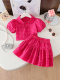 Summer girls' short skirt set - peach pink plaid, peter pan collar, chinese knot button top, and tiered skirt two-piece outfit