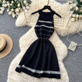 K-stylestripescut out sleeveless knittingdress women's summerhigh waist a-line skirtwork clothingclassyelegant skirt
