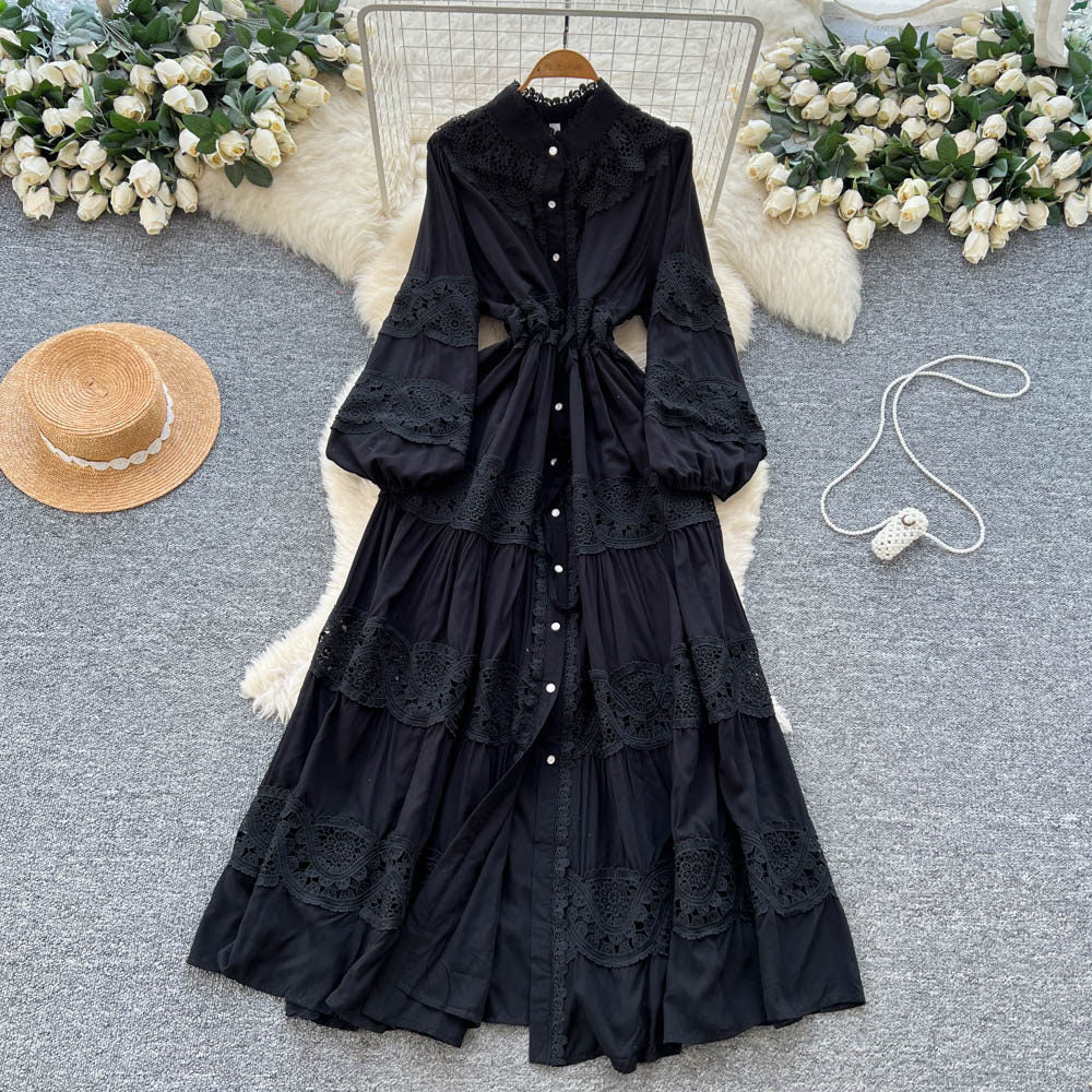 Frenchretrolacepatchworkcut outdress women's sweet strapslong sleeves waist tie backeleganceelegant long skirt