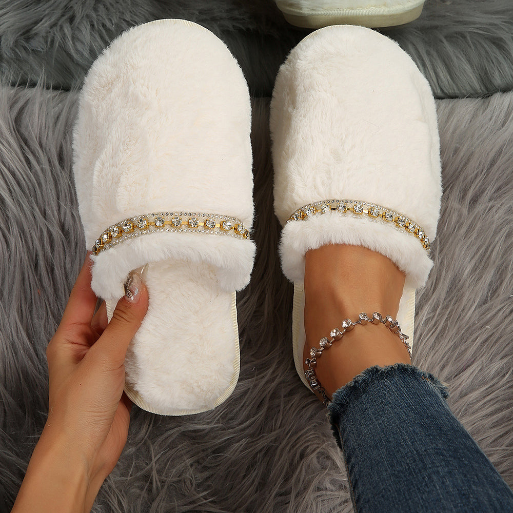 New instrendy baotou diamond strip fur slippers for women, home flatsheattech cotton slippers for women, wholesale cross-border slippers