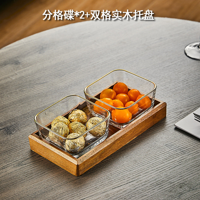 Walnut wood fruit bowl snack storage box - premium glass dried fruit dish - coffee table dessert & candy organizer