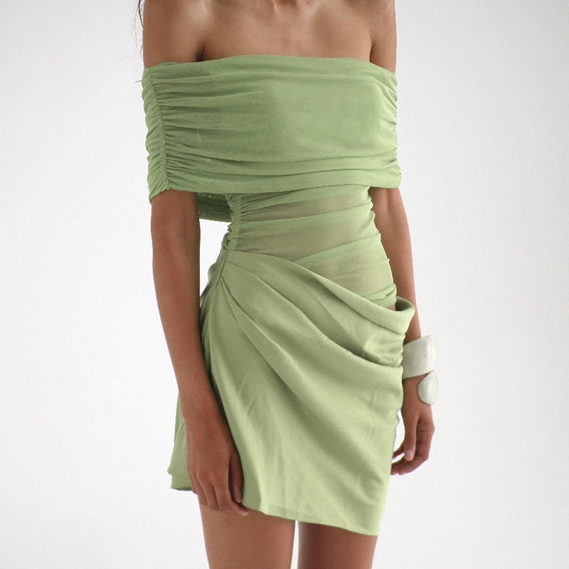 spring/summer new arrivals: european and american style sexy off-the-shoulder mesh panel cutout bodycon pleated dress