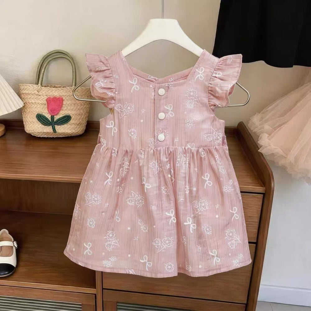 New girls' lace-trimmed round neck flutter sleeve summer floral print smocked waist a-line sweet princess dress romper
