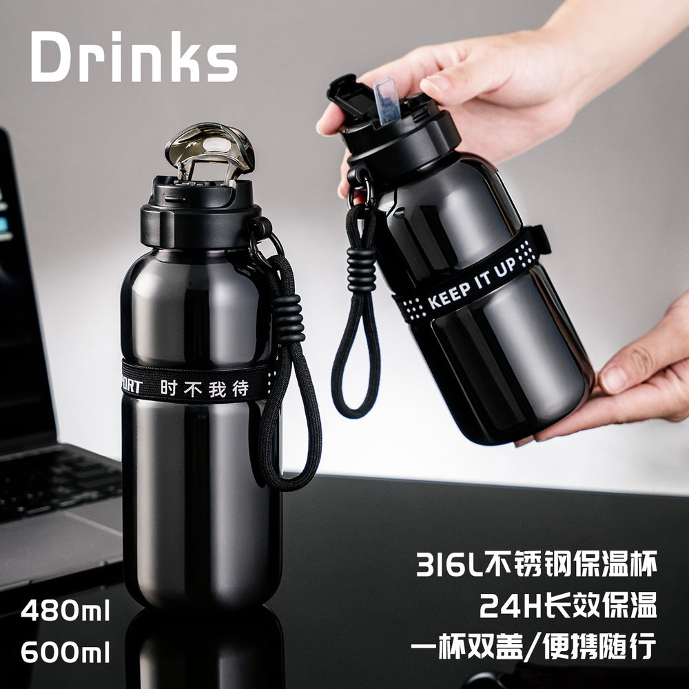 High-style 316 stainless steel dual-drink insulated tumbler with outdoor cycling handle – one-hand open, keeps drinks hot or cold