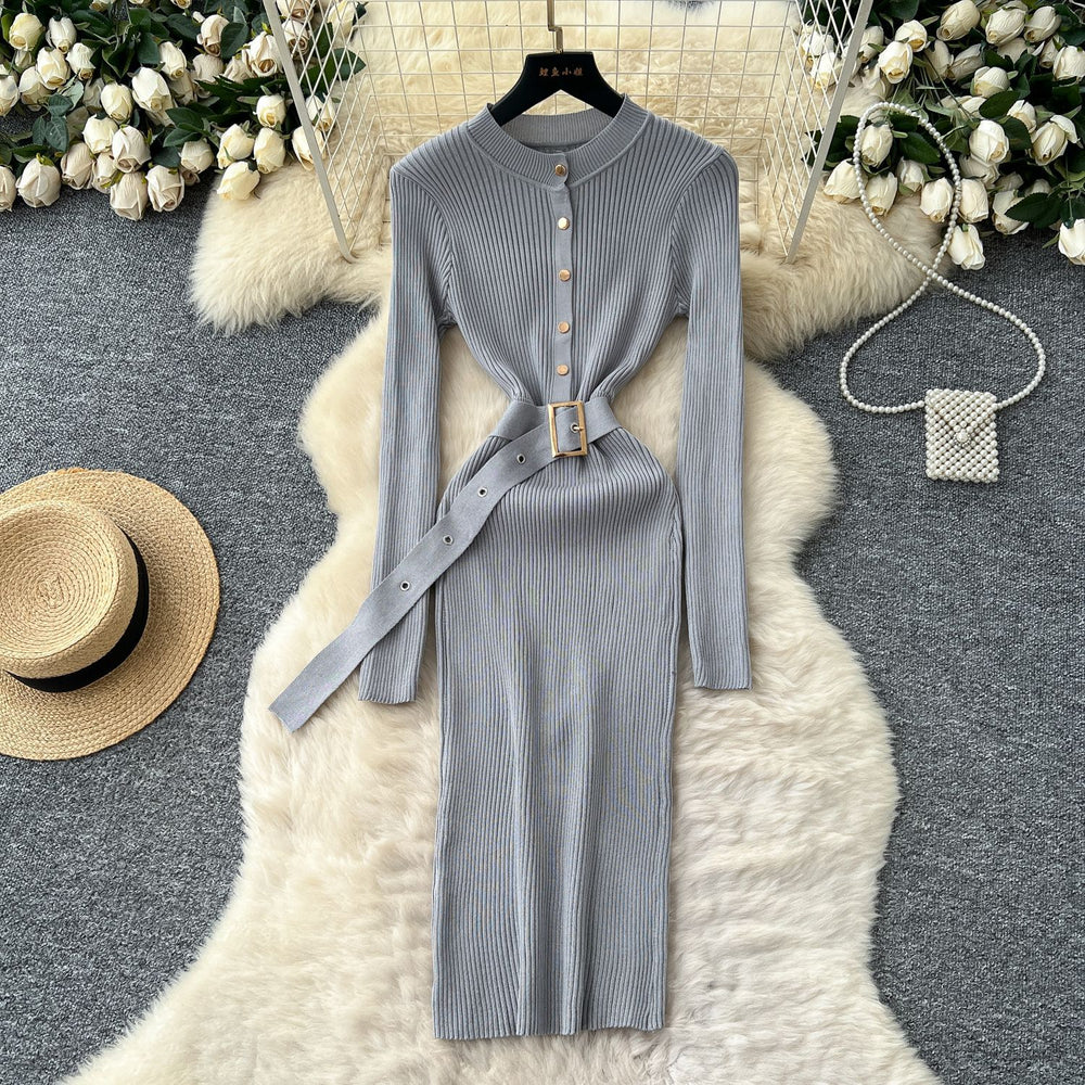 Minimalist chic knit long sleeve dress - women's autumn belted slim fit elegant mature style maxi dress