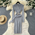 Minimalist chic knit long sleeve dress - women's autumn belted slim fit elegant mature style maxi dress