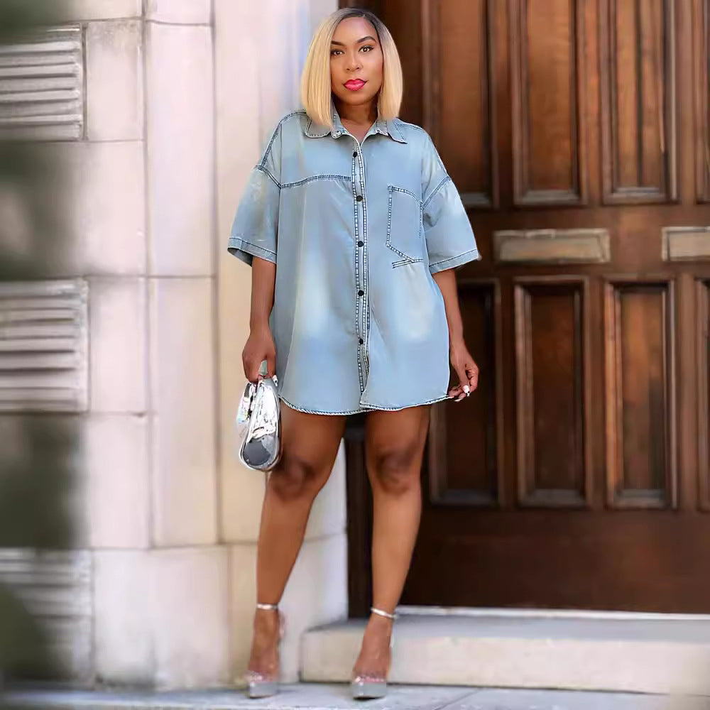 Women's denim shirt - european & american cross-border fashion -  summer streetwear casual loose short sleeve cardigan top