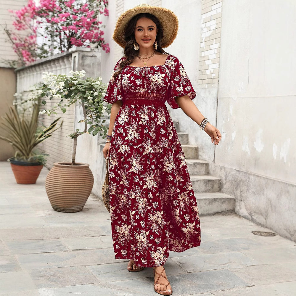 European and american new style printed retro country style plus size women's clothing 150kg patchwork plus size red dress