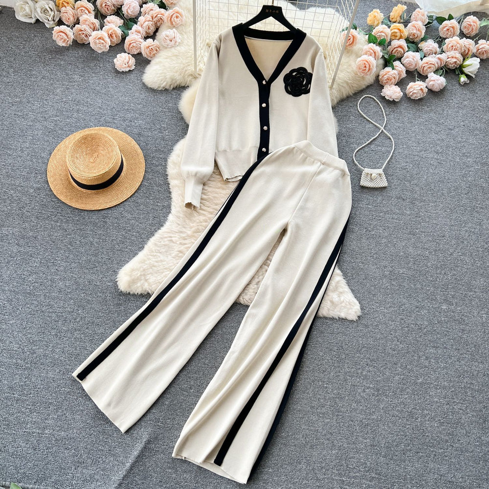 Elegant and chic knit set for women: autumn/winter loose-fit long sleeve shirt + high-waisted drape pants