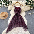 French retro plaid cami dress - women's summer korean style high waist, cinched waist, asymmetrical ruffle hem, slimming dress