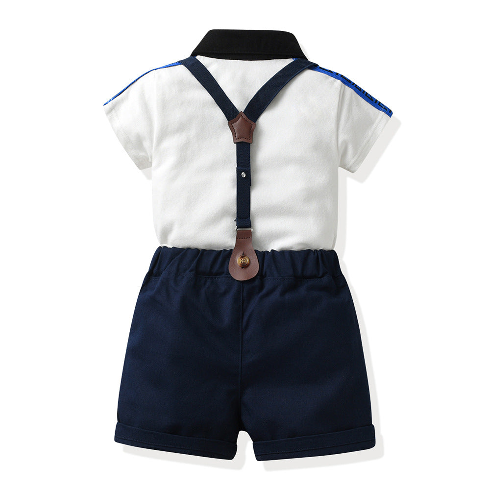 European and american new boys' summer two-piece set: boys' summer outfit, cotton patchwork polo shirt, t-shirt for mid-to-large children
