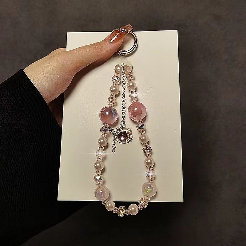 Creative mobile phone hanging chain pendant cat tassel accessible luxuryshort fairy pearl crystal satchel chain mobile phone case lanyard