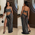 C6949 cross-border   independent station fashion fashion women's fashion hot diamond see-through dress length