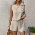 Exportfashion loose work clothingsuit breathable linen sleeveless short tops drawstring high waist wide leg shorts two pieces