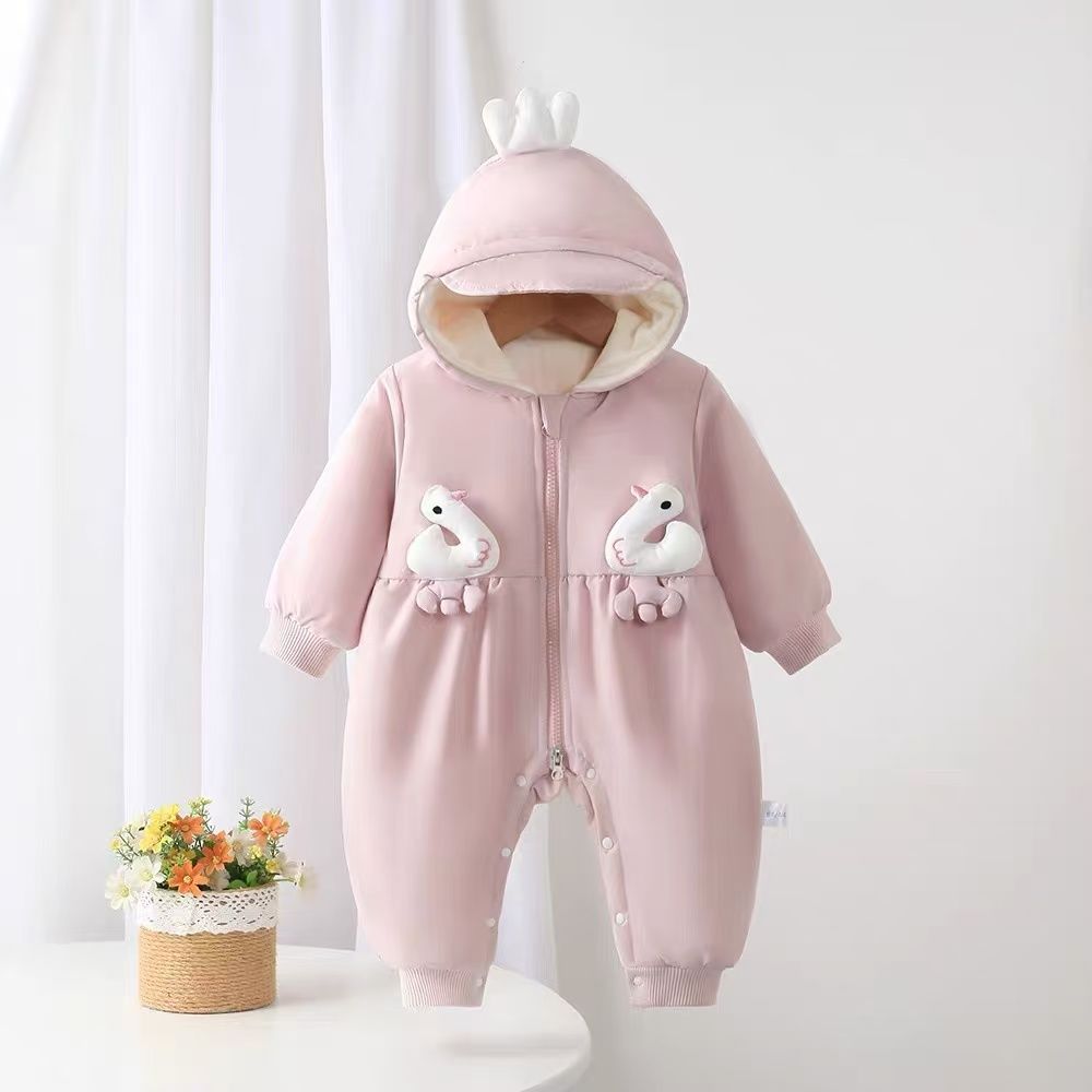 Winter hooded romper outfit baby jumpsuit coat infant onesie super cute fleece-lined thickened trendy