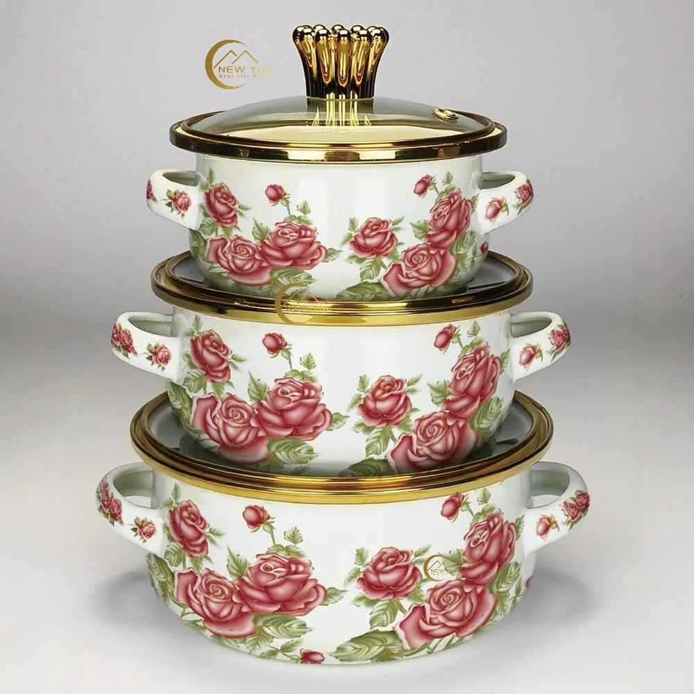 Factory direct sales cross-mirror hot-selling enamel large 3pcs pot set, high-quality soup pot, double-ear soup pot, high-quality pot set