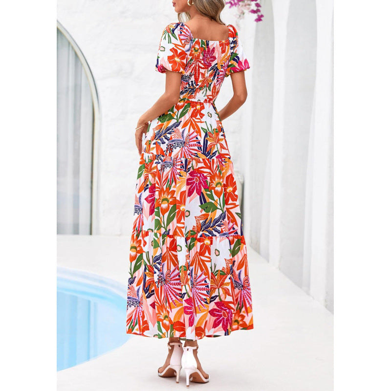 Amazon fashion short-sleeved square neck pleated dresssummernew arrivala-line elegant beach skirt