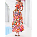 Amazon fashion short-sleeved square neck pleated dresssummernew arrivala-line elegant beach skirt