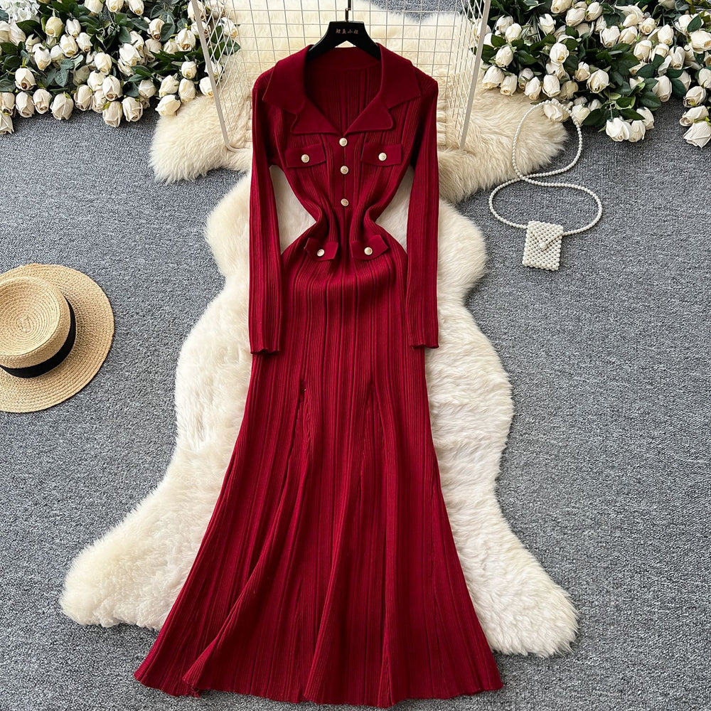 Xiaoxiangfengclassyfashionable doll collar long sleeves metal buckle waist knittingdress female autumslimming look long skirt