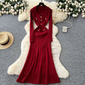 Xiaoxiangfengclassyfashionable doll collar long sleeves metal buckle waist knittingdress female autumslimming look long skirt