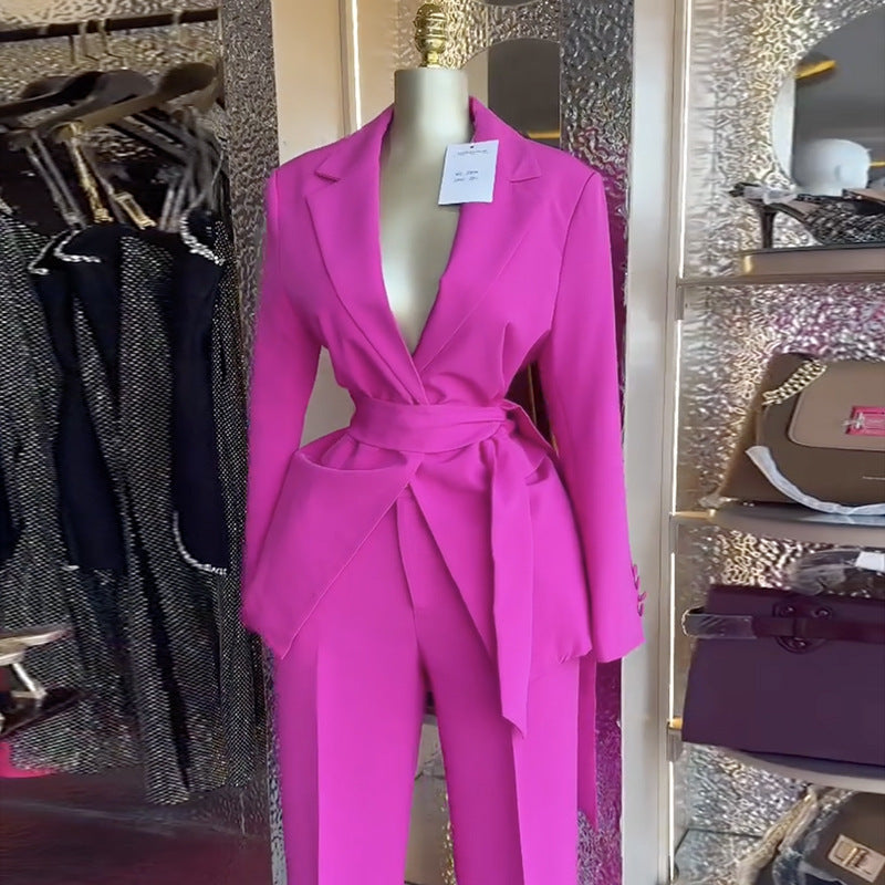 European and american cross-border women's fashion:  spring new collection - solid color tie-waist long sleeve blazer and high-waisted pants set