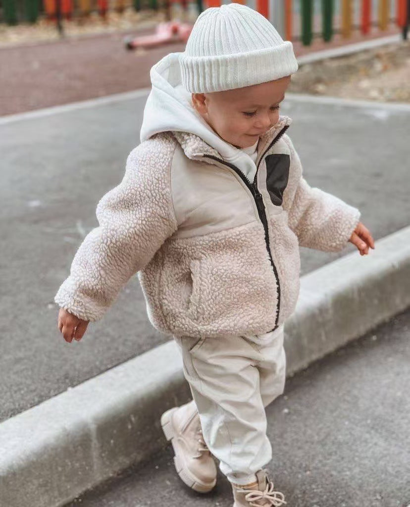 Children's winter cotton-padded jacket: unisex baby loose-fit patchwork lambswool fleece-lined sweatshirt, thickened warm outerwear
