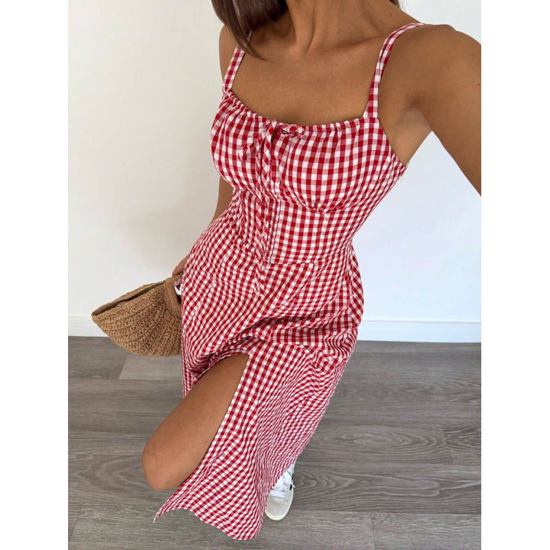 european and american cross-border new summer plaid cami dress - hot girl style