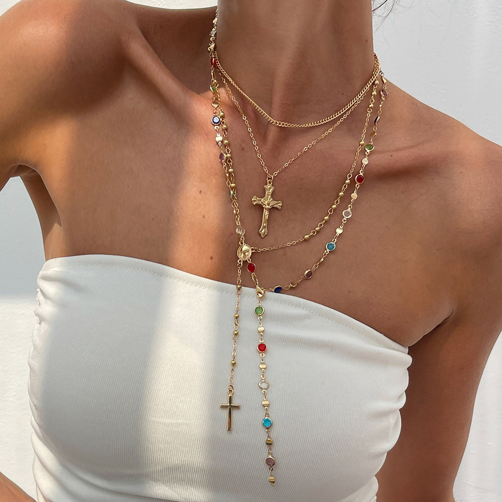 Customized cross pendant necklace - european & american style, cross-border jewelry, niche & high-end, women's diamond-encrusted tassel clavicle chain