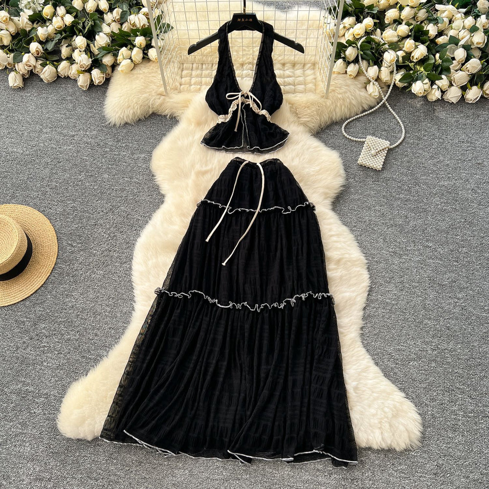 Pure desire vacation suit women's summersexyhalter neck v neckbackless chiffon topshigh waist swing skirt suit